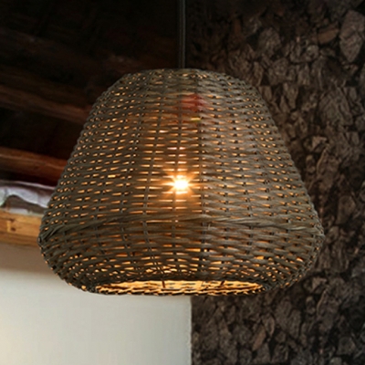 Lodge Style Bucket Hanging Lamp Rattan 1 Light Ceiling Pendant Light in Brown for Coffee Shop