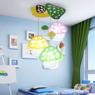 Lovely Colorful Mushroom Hanging Light Kindergarten Wooden 3 Lights Suspended Light