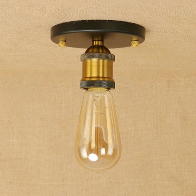 Mini Semi Flush Mount with Open Bulb Traditional Industrial Metal 1 Light Surface Mount Ceiling Light in Brass