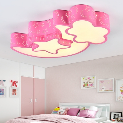 Moon and Star LED Ceiling Light Blue/Pink Metal Flush Mount for Boys Girls Bedroom