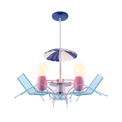 Open Bulb Lighting Fixture with Beach Chair Children Bedroom Metal 3 Lights Hanging Light in Pink