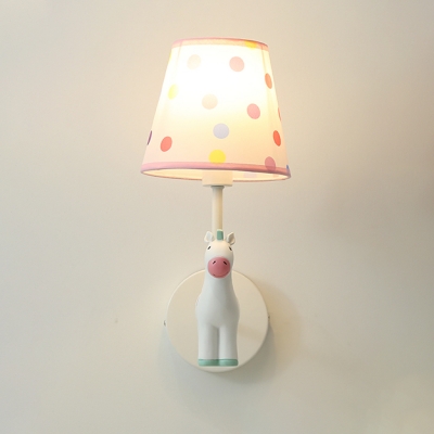 Pink/White Cartoon Horse Wall Sconce with Dottie Fabric Shade Single Light Wall Lighting for Children
