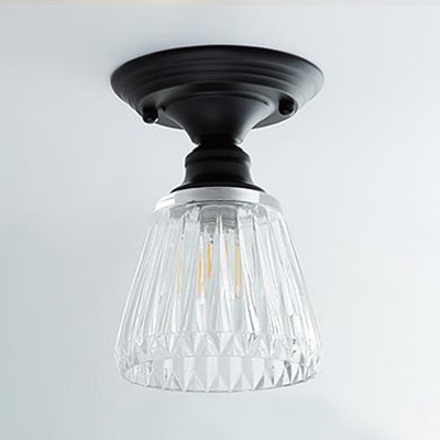 Textured Glass Tapered Semi Flush Light Vintage Industrial Single Light Mini Ceiling Fixture in Black