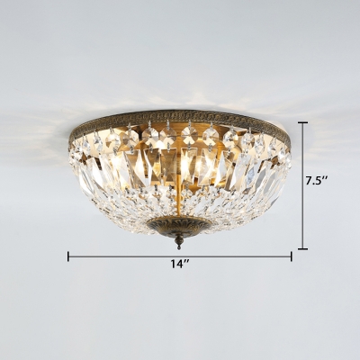 4/6 Lights Bowl Shade Ceiling Light Retro Style Vintage Crystal Flush Mount Lighting in Antique Brass