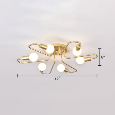 6 Lights Bare Bulb Lighting Fixture Designer Style Metallic Semi Flush Light with Curved Arm in Gold