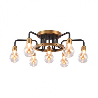 Aged Brass Open Bulb Ceiling Light with Curved Arm Vintage Metal 7 Lights Semi Flush Light