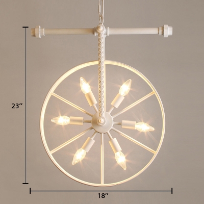 Bare Bulb Hanging Lamp with Wheel Loft Style Metallic 6 Heads Suspension Light in White