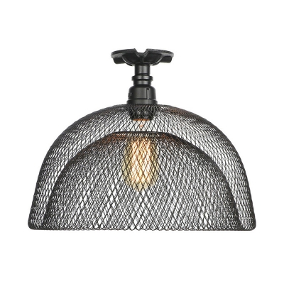 Black Mesh Cage Ceiling Flush Mount Vintage Metallic Single Head Semi Flush Mount for Coffee Shop