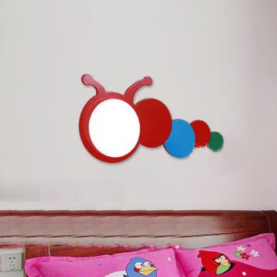 Cartoon Caterpillar LED Wall Lamp Kindergarten Wooden Wall Mount Fixture in Red