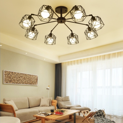 Industrial Branching Ceiling Lamp with Black Metal Cage Multi Light Semi Flush Light Fixture for Sitting Room