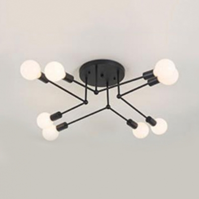 Industrial Concise Linear Semi Flush Light Metal 6/8 Lights Ceiling Light in Matte Black