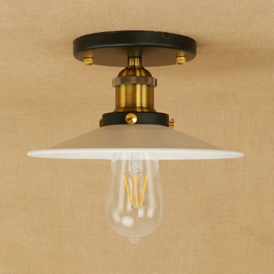 Matte White Flare Shade Semi Flushmount Retro Style Iron Single Light Ceiling Light for Coffee Shop