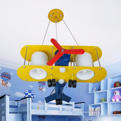 Metallic Biplane Chandelier Lamp with Cylinder Shade Boys Room 2 Heads Suspended Light in Yellow