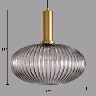 Nordic Style Cylinder/Oval Hanging Pendant Light with Smoke Ribbed Glass 1 Bulb Drop Light in Brass