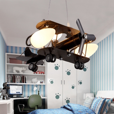 Opal Glass Shade Chandelier with Black Biplane Triple Heads Lighting Fixture for Boys Room