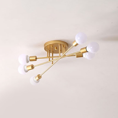 Open Bulb Linear Semi Flushmount Minimalist Metallic 6/8/10 Heads Ceiling Fixture in Gold