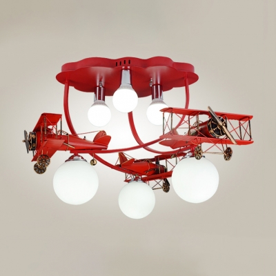 Red/Yellow Biplane Chandelier with Globe Glass Shade 6 Lights Flush Light for Amusement Park