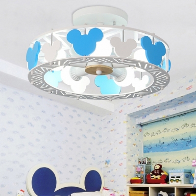 Round Ceiling Light with Cartoon Mouse Baby Kids Room Wood Semi Flush Mount in Blue