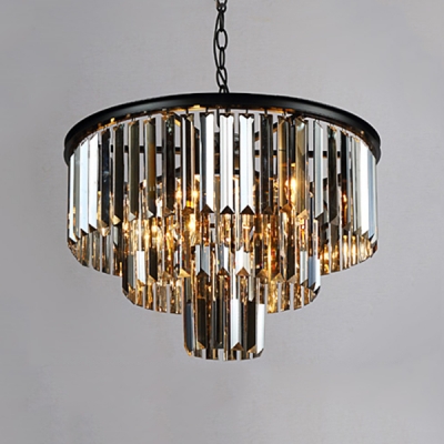 Smoke Crystal 3 Tiers Chandelier Modern Design 6 Bulbs Art Deco Hanging Light Fixture in Black