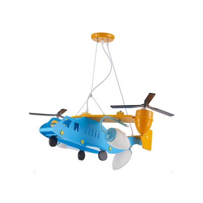 Toy Airplane 3 Lights Hanging Light with Frosted Glass Shade Blue Finish Suspension Light for Kindergarten