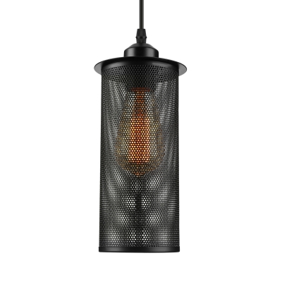 Wire Cage Cylinder Shade Pendant Light Industrial Black Single Light Hanging Pendant in Wrought Iron