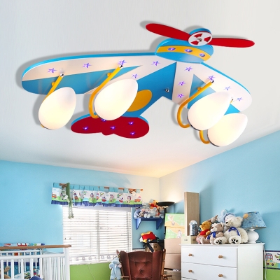 3 4 Heads Aircraft Flush Light Boys Bedroom Glass Shade Ceiling Lamp
