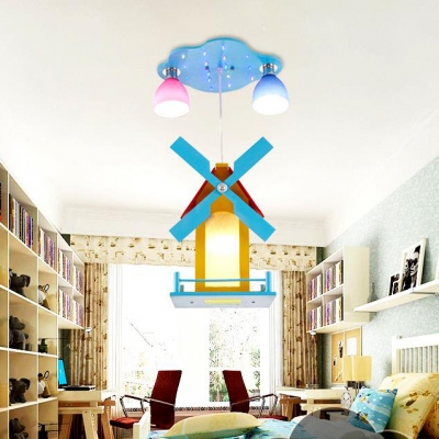 3 Lights Windmill Ceiling Lamp Hallway Kids Room Wooden Hanging Light in Chrome