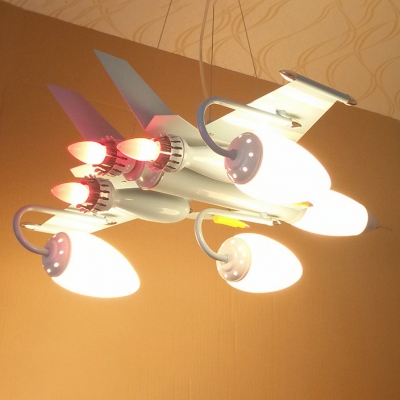 7 Lights Airplane Chandelier Light Boys Bedroom Metal Suspension Light in Sky Blue