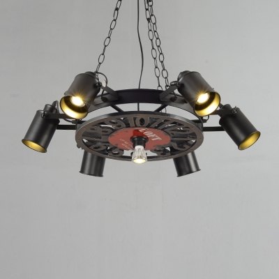 Black Wagon Wheel Chandelier Industrial Wrought Iron 6 Bulbs Suspended Light for Coffee Shop