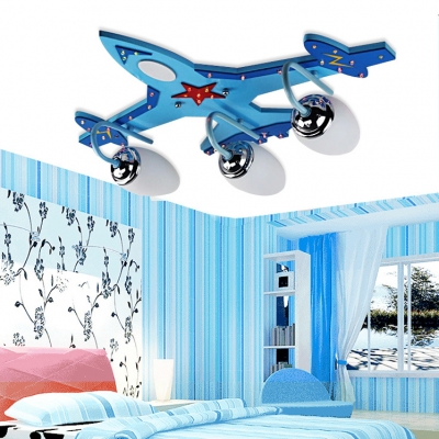 Blue Airplane Flush Mount White Glass Shade Triple Lights Ceiling Fixture for Children Bedroom