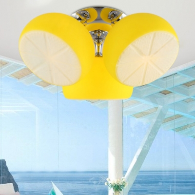 Dome 3 Lights Ceiling Light with Yellow Lemon Design Glass Shade Semi Flush Mount Lighting for Children
