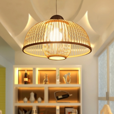 Dome Pendant Light with Inner Rattan Shade Contemporary Single Light Lighting Fixture in Wood