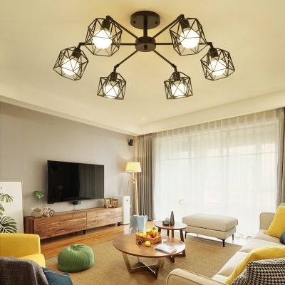 Industrial Branching Ceiling Lamp with Black Metal Cage Multi Light Semi Flush Light Fixture for Sitting Room