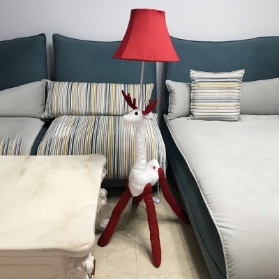 Red Fabric Shade Floor Lamp with Cartoon Deer Single Head Standing Light for Nursing Room
