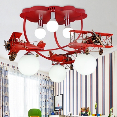 Red/Yellow Biplane Chandelier with Globe Glass Shade 6 Lights Flush Light for Amusement Park