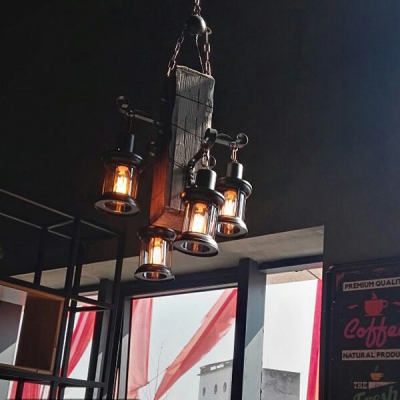 Retro Loft Style Lantern Chandelier Wooden 4 Lights Suspension Light for Coffee Shop