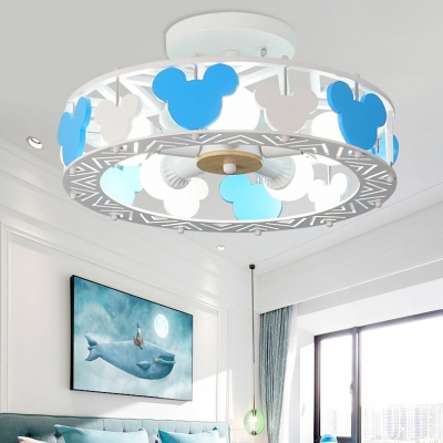 Round Ceiling Light with Cartoon Mouse Baby Kids Room Wood Semi Flush Mount in Blue