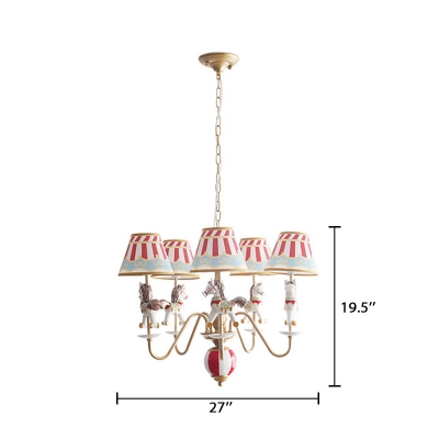 Tapered Suspended Light with Cartoon Horse Kindergarten Fabric 5 Lights Chandelier in White