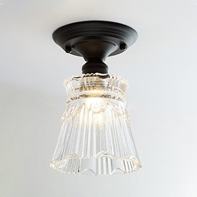 Textured Glass Tapered Semi Flush Light Vintage Industrial Single Light Mini Ceiling Fixture in Black