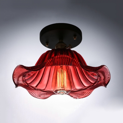 Vintage Flared Ceiling Fixture with Scarlet Red Wavy Glass Shade Single Head Art Deco Semi Flushmount