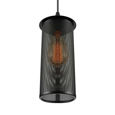 Wire Cage Cylinder Shade Pendant Light Industrial Black Single Light Hanging Pendant in Wrought Iron