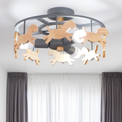 Wooden Cartoon Horse Ceiling Fixture Children Room 3 Heads Semi Flush Light in Gray/White