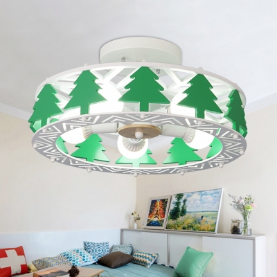 5 Lights Round Semi Flush Mount with Tree Children Bedroom Wood Ceiling Fixture in Green