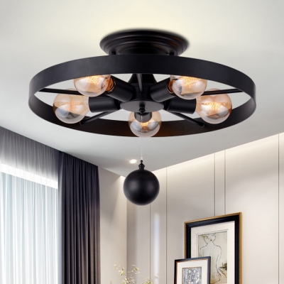 5 Lights Wheel Ceiling Fixture Industrial Loft Style Metal Flushmount With Hanging Ball In Black Beautifulhalo Com - 5 Light Flush Mount Ceiling