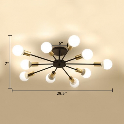 6/8/10 Lights Armed Ceiling Fixture with Bare Bulb Simple Modern Metal Semi Flush Ceiling Light in Soft Gold