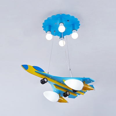 6 Lights Aircraft Hanging Lamp Contemporary Kindergarten Metal Flush Light in Blue
