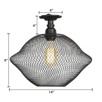 Black Mesh Cage Ceiling Flush Mount Vintage Metallic Single Head Semi Flush Mount for Coffee Shop