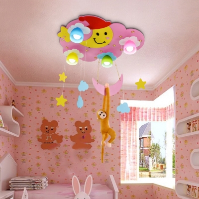 Blue/Pink Cloud Shape Flush Mount with Monkey Wood 4 Lights Ceiling Fixture for Children Bedroom