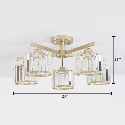 Cylinder Ceiling Light Modern Fashion Crystal 3/5 Lights Semi Flush Mount in Gold for Coffee Shop