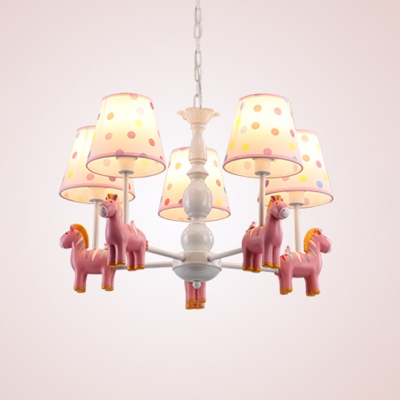 Dottie Design 5 Heads Chandelier with Pink/White Cartoon Horse Fabric Shade Hanging Light for Bedroom
